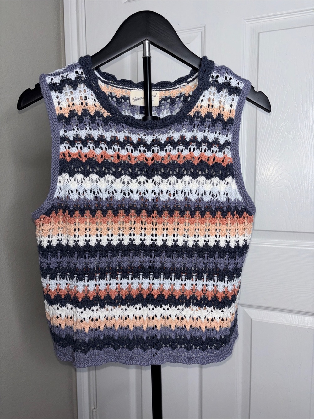 Universal Thread Striped Crochet Knit Tank in Navy, White & Peach